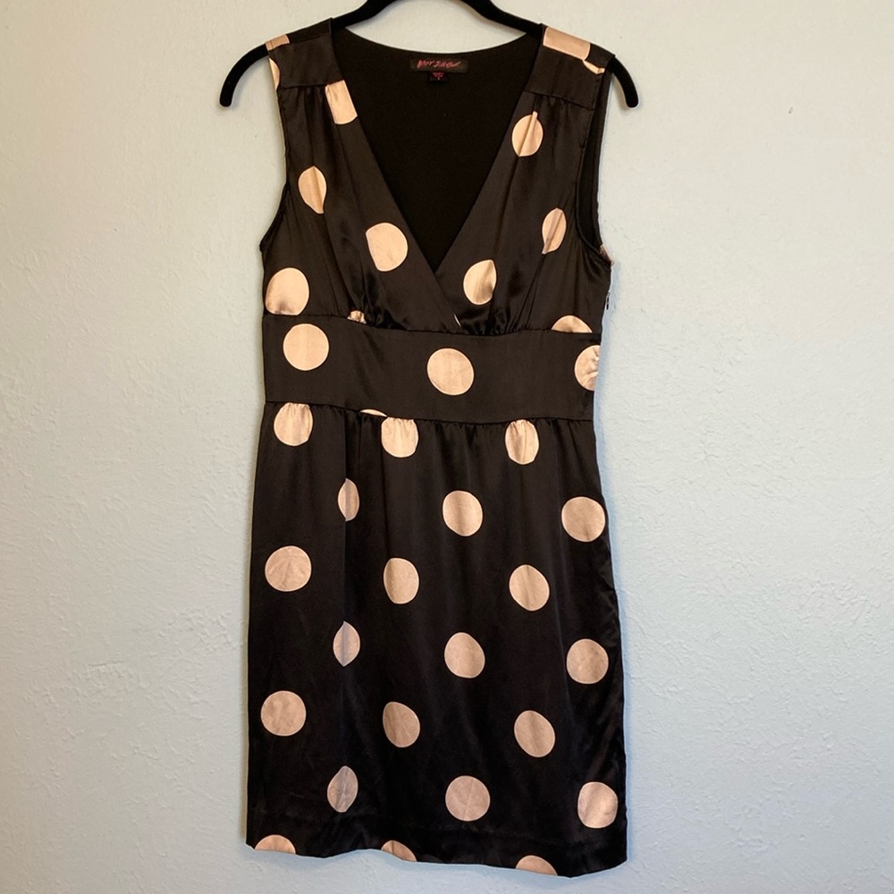 Vintage Betsey Johnson Womens Size 6 100% Silk Black Mini Dress Polka Dots Pinup